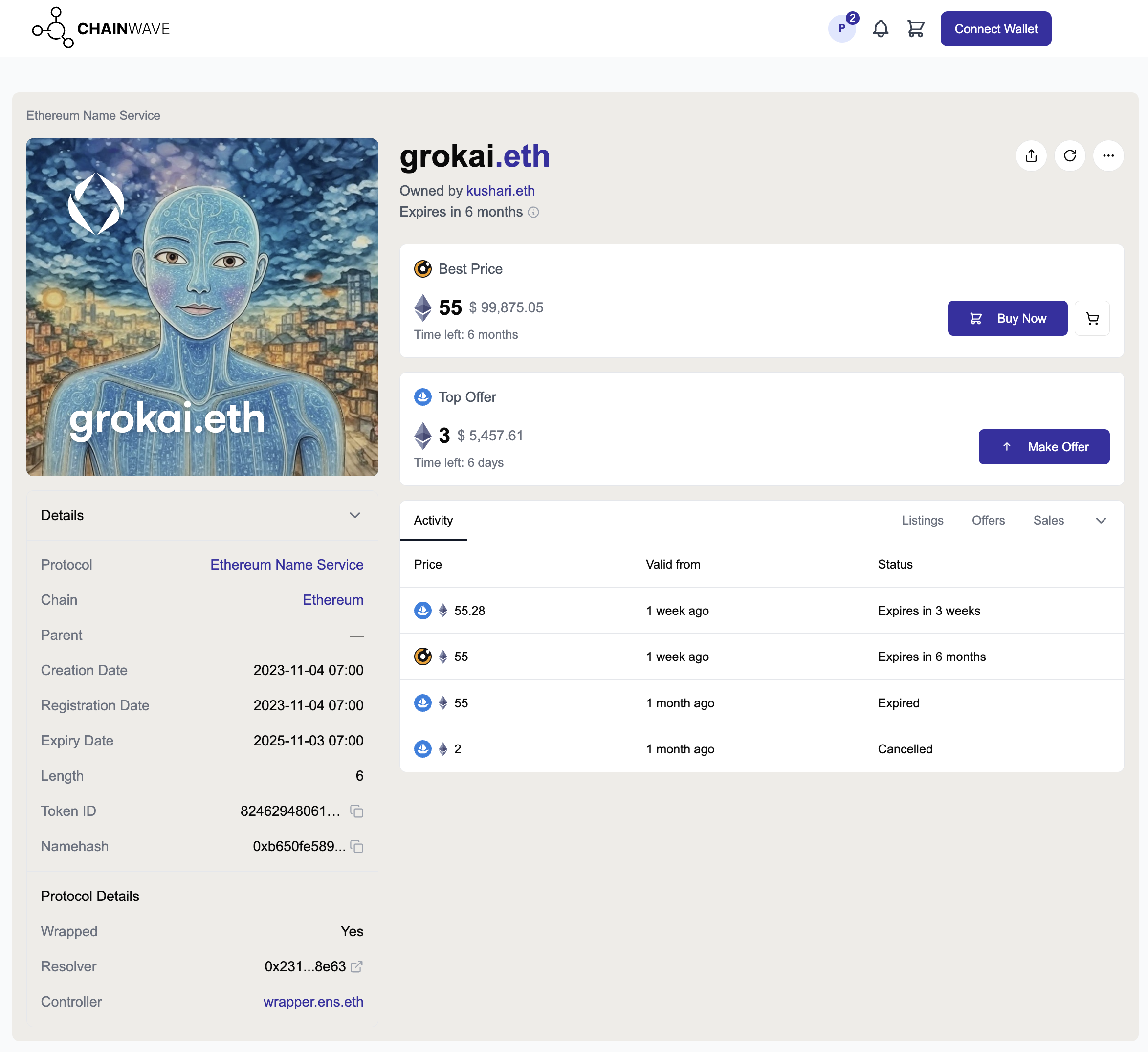 Chainwave product interface showing AI Names
